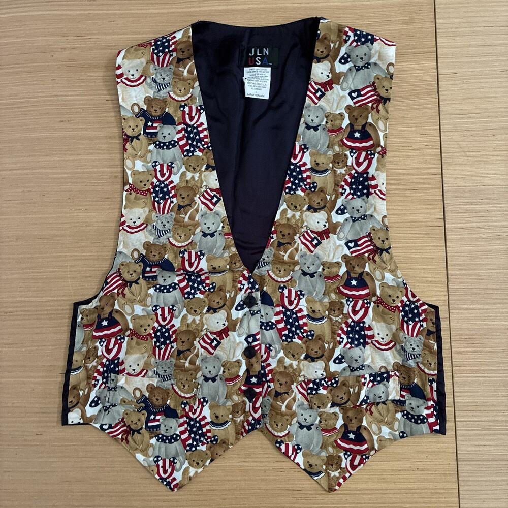 JLN USA Women's Size L Bear Button VTG Vest Americana July 4th Made In USA